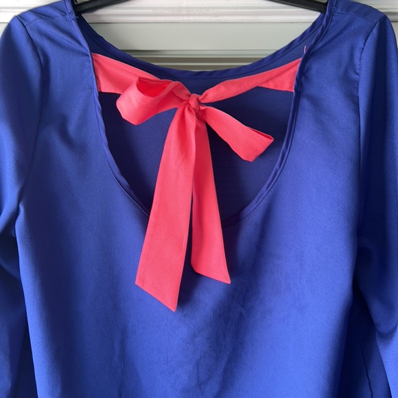 Blue and pink long sleeve color blocked dress with a tie back - Picture 3 of 3